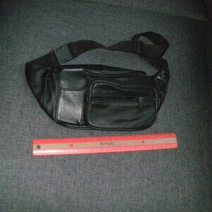 Vintage 80s Black Faux Leather Fanny Pack Large Waist Belt Bag Old Phone Pocket